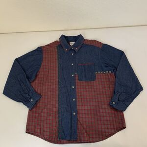 Vintage Denim Tartan Plaid Button Up Shirt Women L Red Patchwork Western Holiday